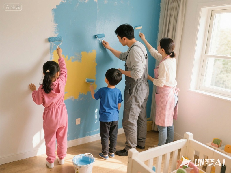 jimeng-2025-07-26-9286-一個5歲女孩，一個8歲男孩，跟爸爸媽媽在家的兒童房，一起在涂墻面的涂料